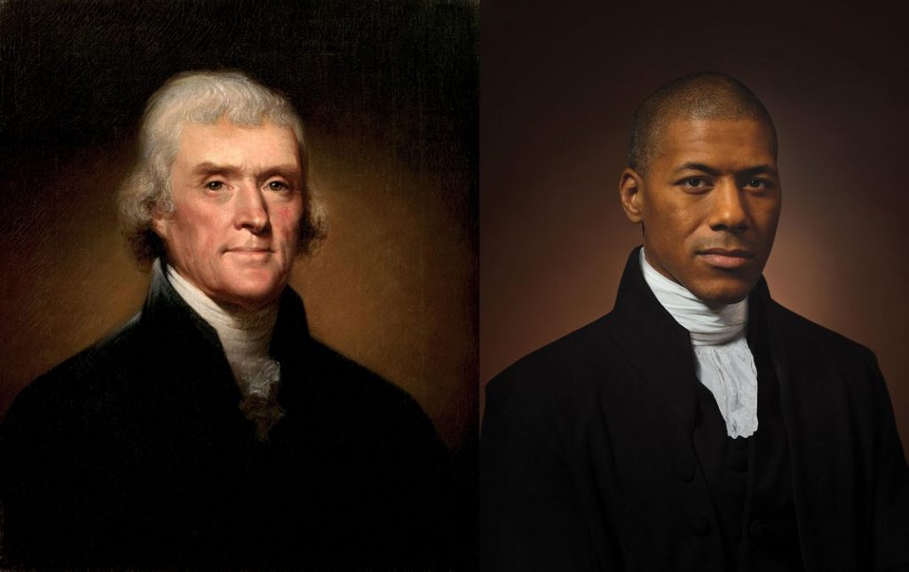 A portrait of Thomas Jefferson pictured next to his sixth-generation grandson, African-American Shannon Lanier., who is dressed and posed similarly