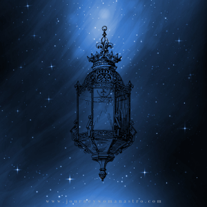 Antique lamp on starry blue night background