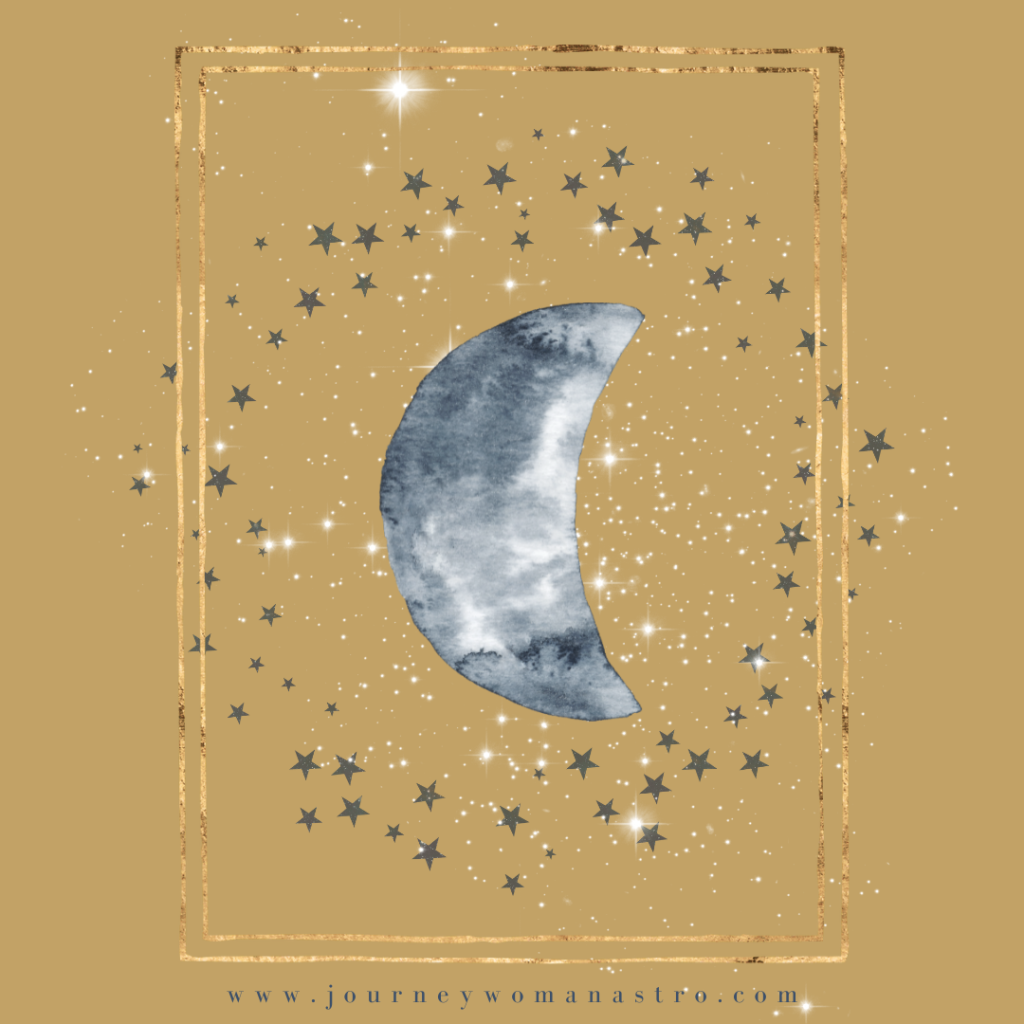 March 21 New Moon in Aries: an image of a quarter-moon on a starry cinnamon-colored background