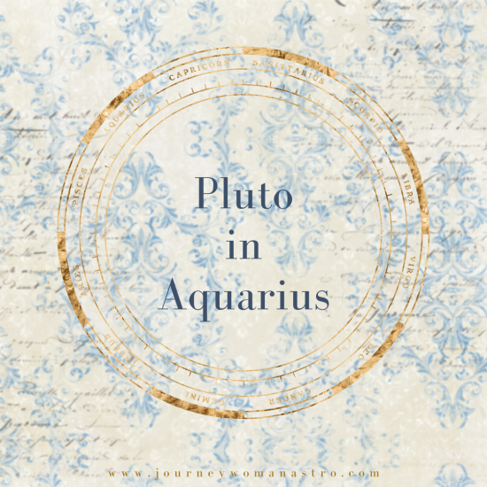 Vintage light blue floral background, with the text Pluto in Aquarius encircled by a gold chart wheel.